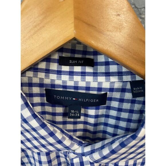 Tommy Hilfiger  Slim Fit Blue Checkered Button Down Collared Shirt Men’s 16.5 - Picture 3 of 6